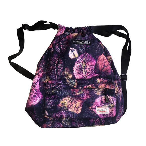 Leaf Print Drawstring Backpack Front Pocket Casual Daypack - Picture 1 of 12